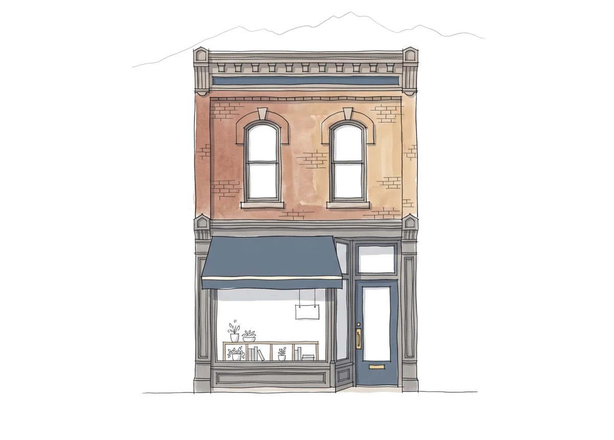Watercolor elevation sketch of a two-story Larimer Square brick storefront with a dusty-blue awning and the Front Range drawn as a pencil line behind it.