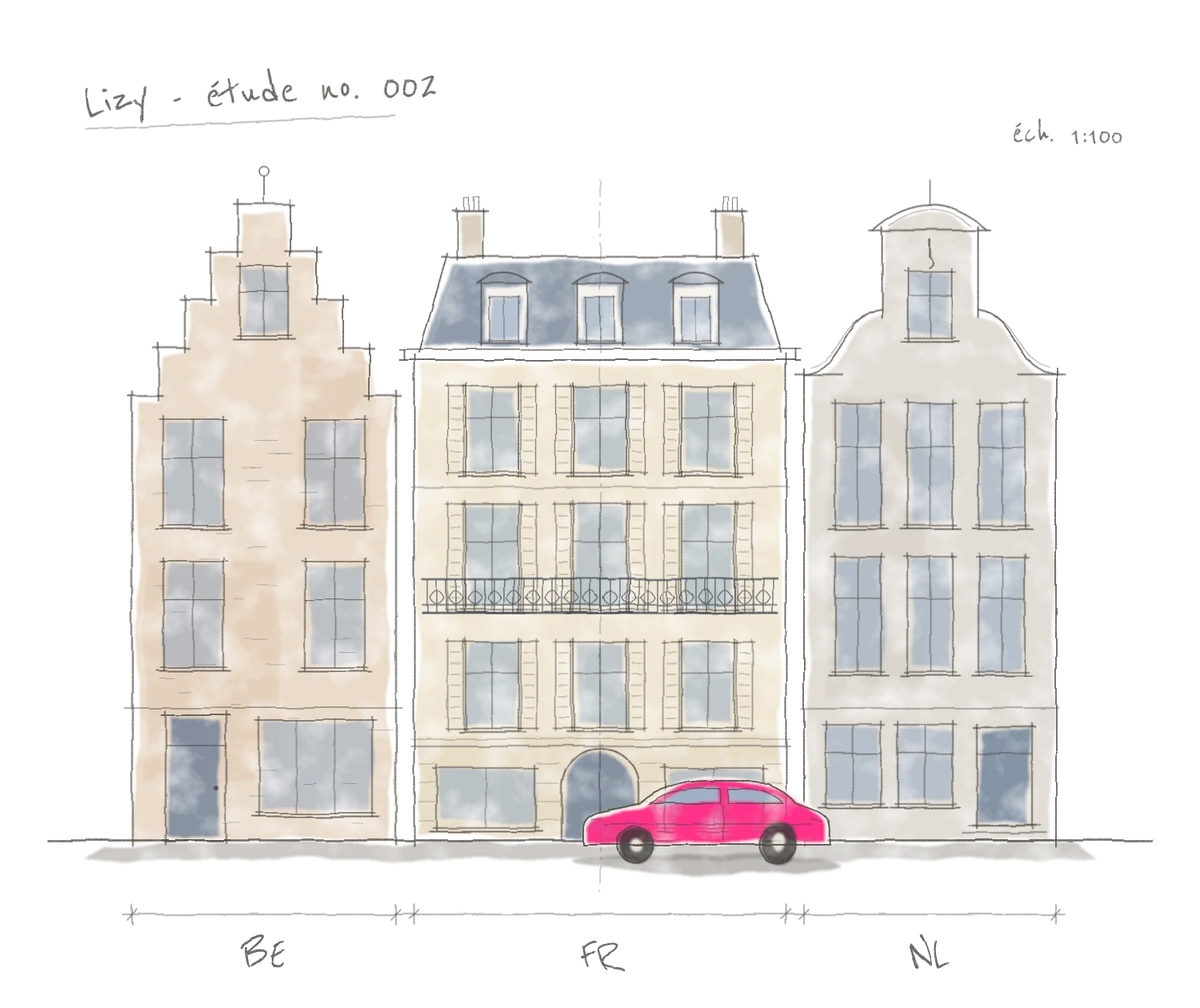 Watercolor sketch of three townhouse fronts, Belgian, French and Dutch, with a pink car parked in front