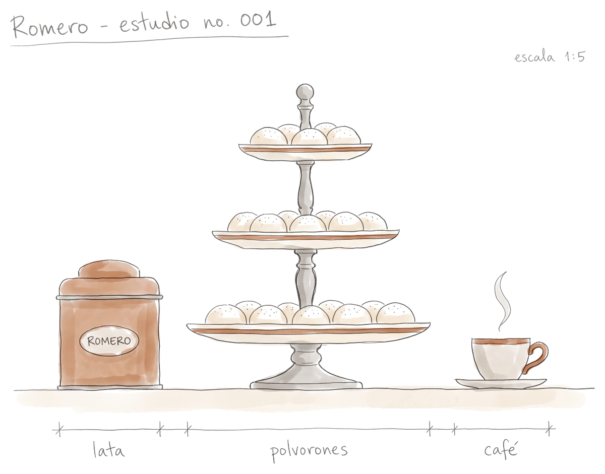 Watercolor elevation sketch of a three-tier stand of Mexican wedding cookies, a Romero tin and a cup of coffee