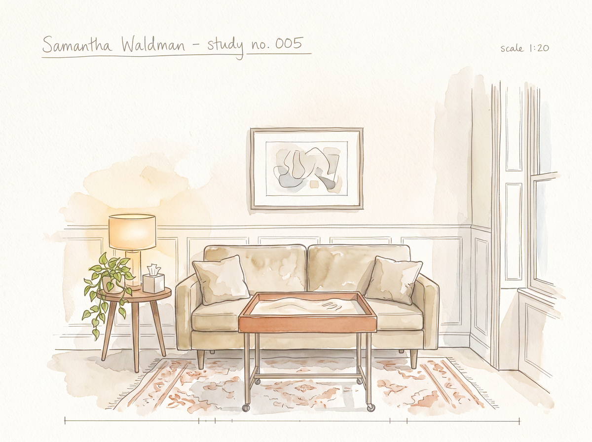 Watercolor study of Samantha Waldman's office: a velvet sofa, a lamp on a round side table and a sandplay tray on a rolling stand