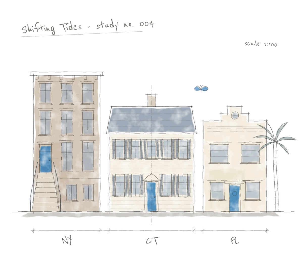 Watercolor sketch of a New York brownstone, a Connecticut colonial house and a Florida house with a palm, each with a blue front door