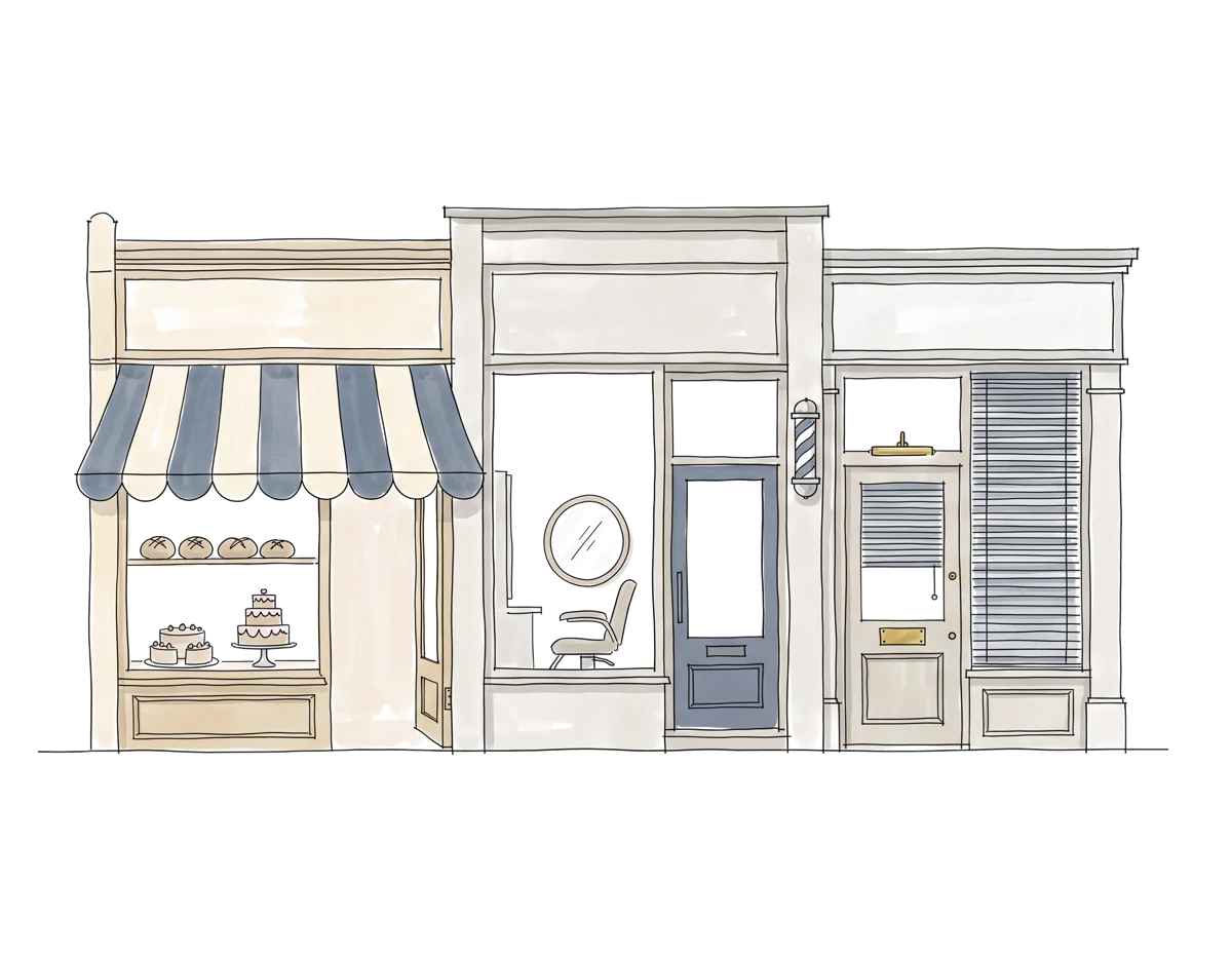 Watercolor elevation sketch of three narrow Main Street shopfronts side by side: a bakery with a striped awning, a hairdresser with a barber pole and a dental practice with blinds.