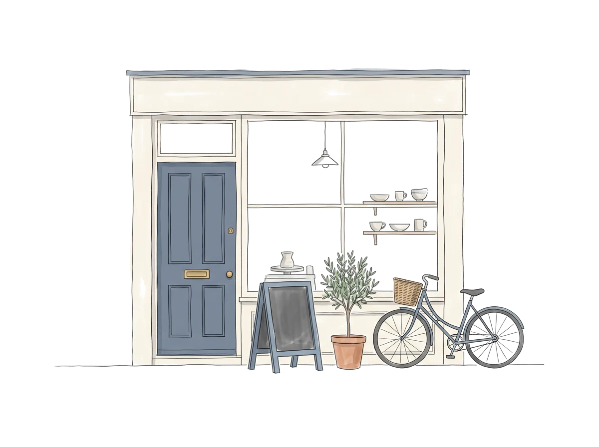Watercolor elevation sketch of a small owner-run studio shopfront with a square window, a dusty-blue door, a chalkboard sign and a bicycle outside.