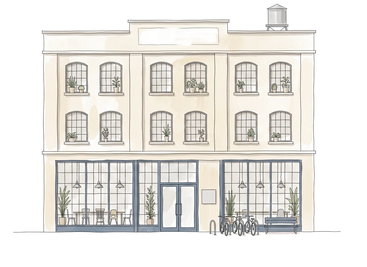 Watercolor elevation sketch of a converted brick warehouse used as a coworking space, with tall factory windows, a shared table inside and bicycles outside.