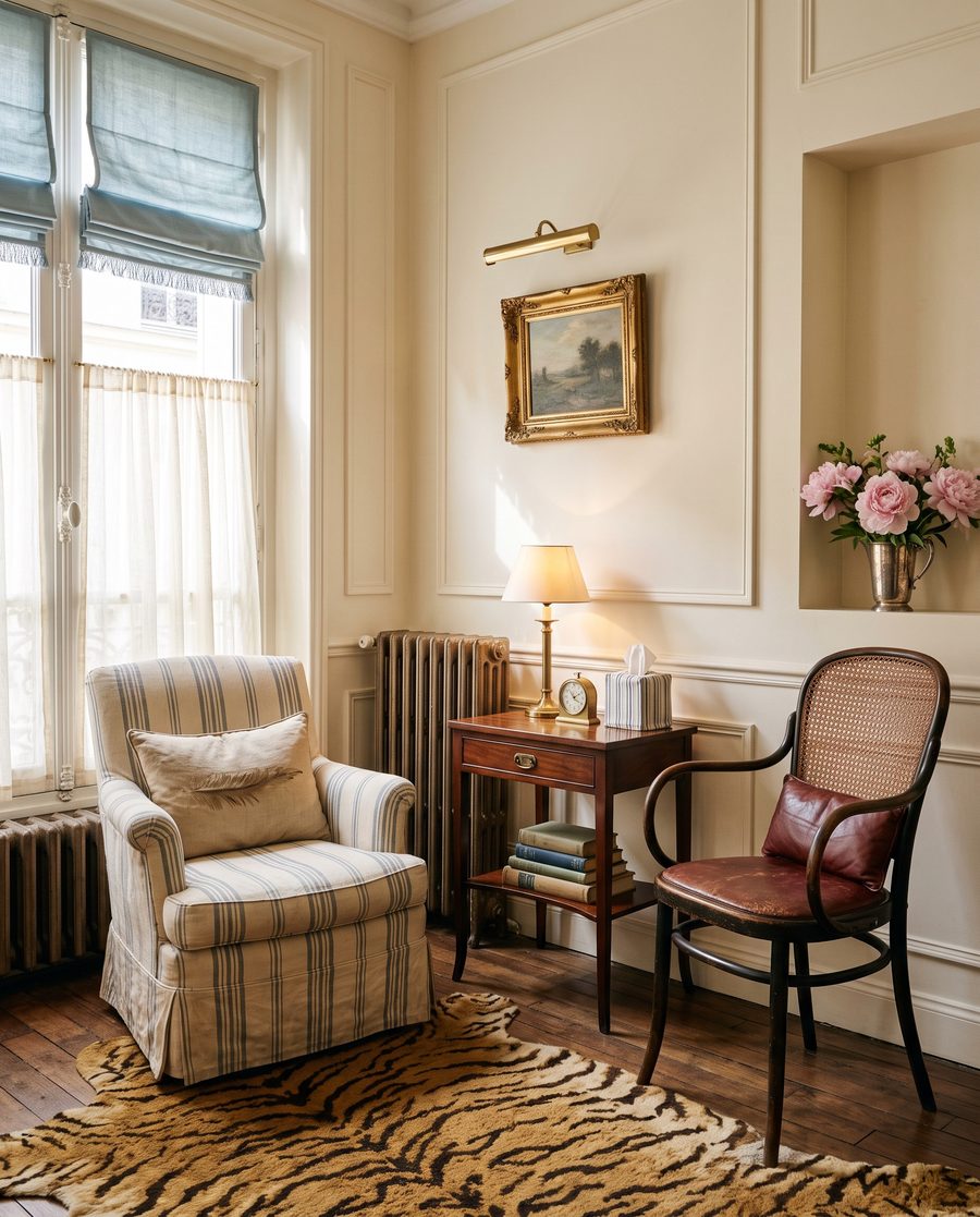 A cream-paneled therapy office with French windows: a striped armchair facing a cane chair, a mahogany side table with a brass lamp, and a tiger-pattern rug.