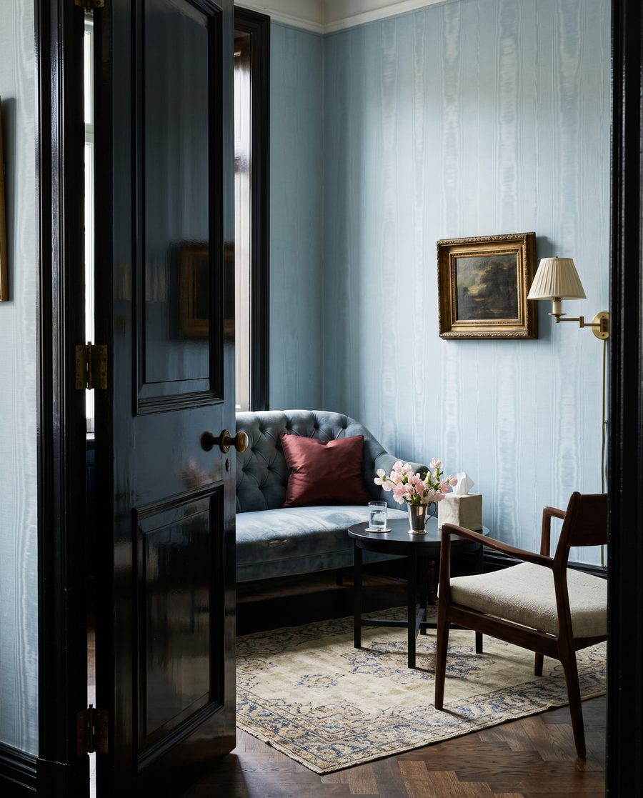 A therapy office seen through a half-open black door: pale blue moire walls, a slate-blue velvet settee, a walnut armchair and pink sweet peas on a small round table.